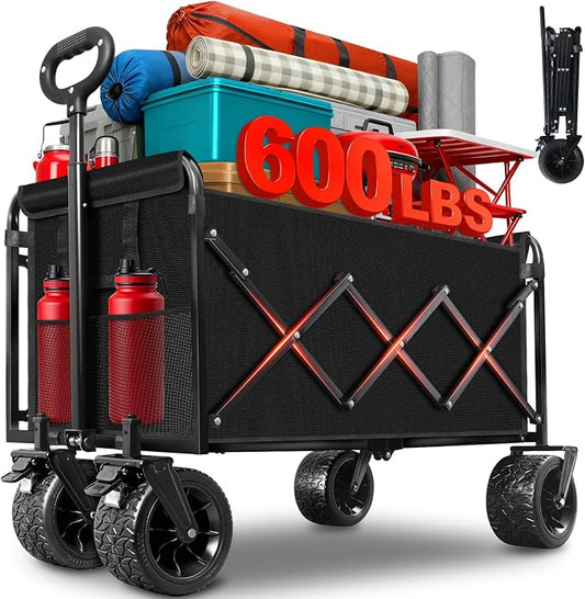Collapsible Wagon Cart Foldable, 600LBS Beach Wagon with Big All-Terrain Wheels & Brakes, Heavy Duty Folding Utility Carts with Cup Holders for Garden, Camping, Sports, Groceries, Shopping