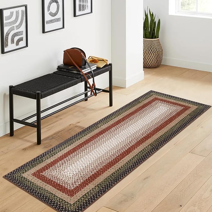 RUGSREAL Washable Runner Rug 2x8 Non Slip Braided Hallway Runner Mat | Stain Resistant Kitchen Farmhouse Printed Carpet Rustic Accent Runners for Living Room Bathroom Entryway, Crimson/Earthy
