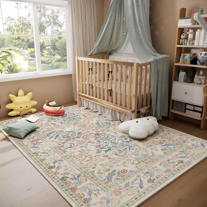 Washable Area Rugs for Living Room: 5x7 Bedroom Rug Vintage Area Rug Stain Resistant Non Slip Low Pile Lightweight Soft Carpets for Dining Room Kitchen Nursery Kids Room Farmhouse Indoor