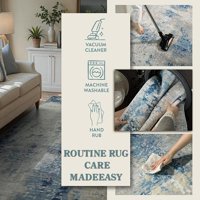 Lahome Modern Abstract Living Room Rug, Washable 8x10 Area Rugs for Bedroom Stain Resistant Non Slip, Large Blue Soft Indoor Carpet for Dining Room Table Apartment, Blue/Grey