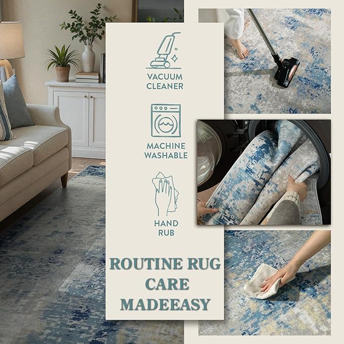 Lahome Modern Abstract Washable Area Rugs 5x7, Soft Living Room Rug Non Slip Stain Resistance, Faux Wool Floor Carpet for Bedroom Dining Room Nursery Kids Playroom,Blue/Grey