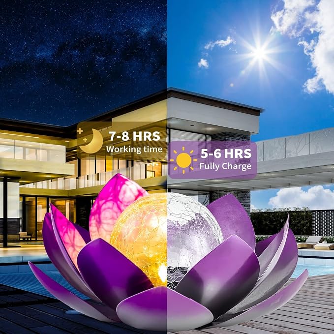 AIINY Solar Light Outdoor Decor Art Crackle Globe Glass Lotus Decoration, Solar LED Waterproof Purple Metal Flower Lights for Patio,Lawn,Walkway,Tabletop(2Pack)