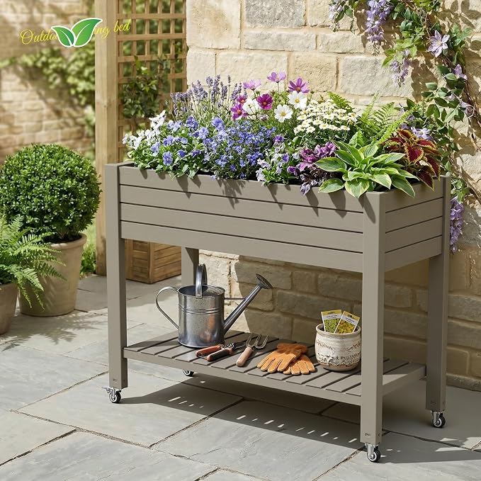 Vixzen Raised Garden Bed Outdoor,Reinforced Large Planter Box with Wheels & Storage Shelf,Mobile Planter Bed Box for Backyard, Patio, Balcony (Light Brown, 21Gal（43.31"×17.72"×33.66"）)