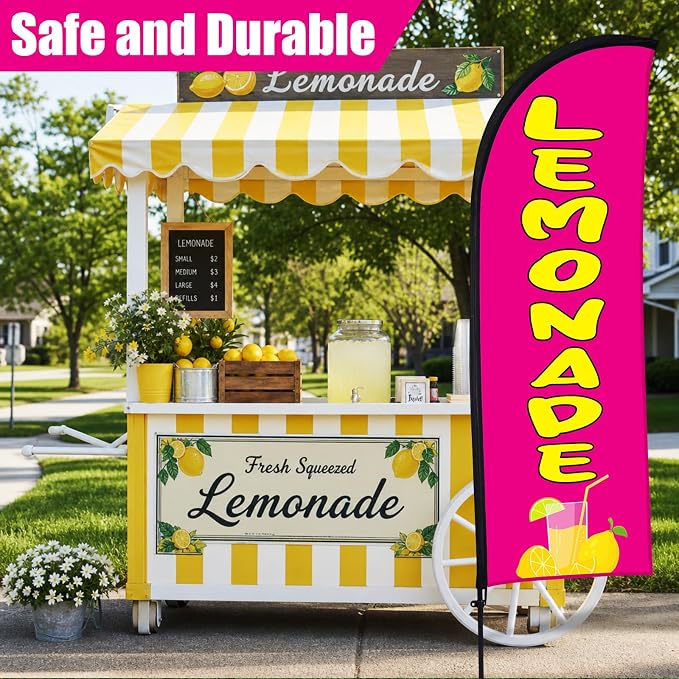 Buryeah 2 Pack Lemonade Feather Flag for Business Advertising 7x5.4ft Feather Flag Sign with Flagpole Ground Stake Portable Bag Lemonade Banner with Rope for Outside Garden Business Party (Rose Pink)