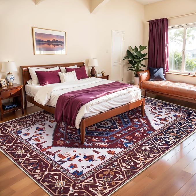 SERISSA 8x10 Washable Non Slip Boho Area Rug for Living Room | Ultra Soft Vintage Oriental Carpet Low-Pile Burgundy Navy Throw Carpet for Dining Room Bedroom Dorm Office Home Decor