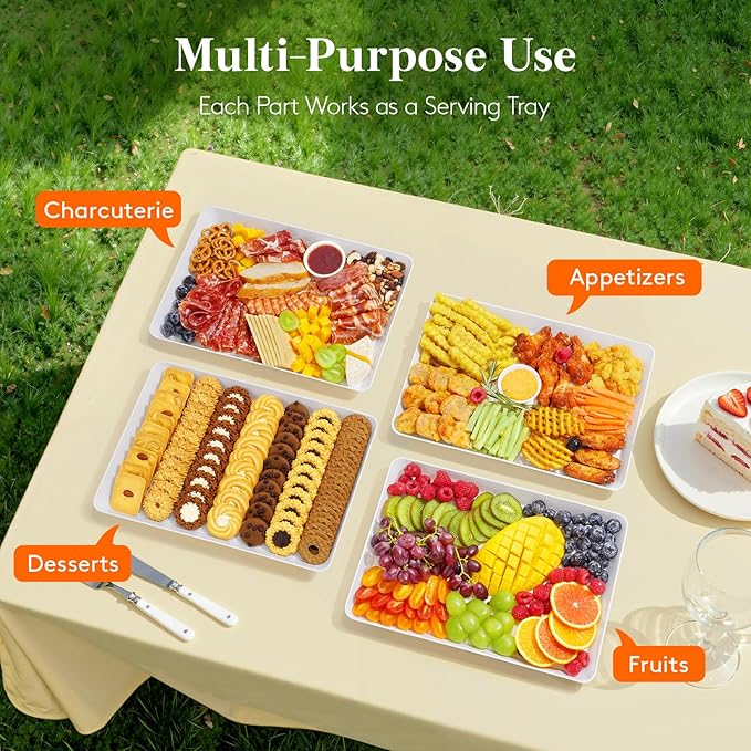 Lifewit 8 Pcs Extra Large Serving Tray for Party, 16" x 12" Reusable Plastic Food Serving Platter for Dessert, Fruit, Cookie, Appetizers & Charcuterie, BPA-Free White Catering Trays for Buffet Display