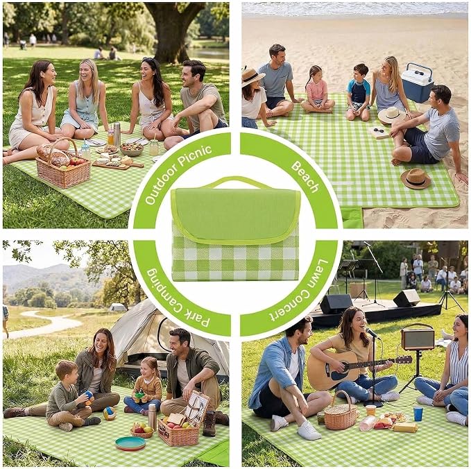 Waterproof Foldable Picnic Blanket Outdoor with Carry Strap,80"x80" Extra Large Beach Blanket Sandproof,Portable Soft Gingham Picnic Mat for Camping Travel Hiking Family Concerts Park(Green)
