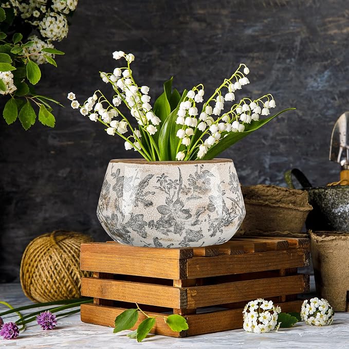 7.8 Inch Large Vintage Ceramic Planter Ice Crack Glaze Gray Lily Floral Flower Pot with Drainage Hole Rustic Decorative Plant Pots Gifts for Home Kitchen Office Indoor Outdoor Plants