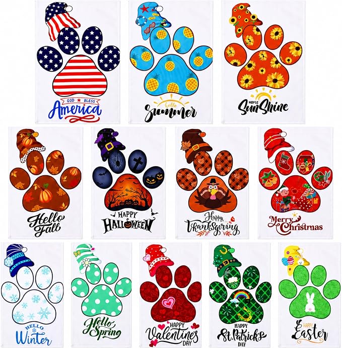 12 Pcs Seasonal Garden Flag Set 12 x 18 Inch Dog Paw Holiday Summer for Outside Decor Small Yard Flags for the Entire Year Double Sided Yard Flag for Halloween Christmas Thanksgiving St Patricks Day