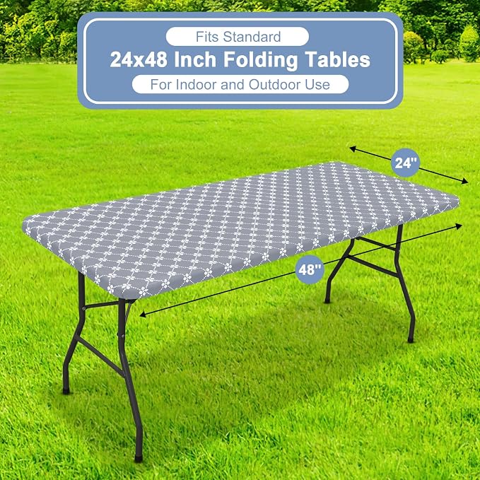 misaya Rectangle Vinyl Table Cloth, Elastic Fitted Tablecloth with Flannel Backing, Waterproof Plastic Table Cover Fits 4 Foot Folding Tables for Picnic, Camping, Indoor and Outdoor (Grey, 24" x 48")