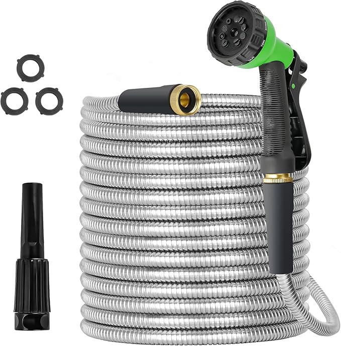 TVKB Metal Garden Hose 150ft Stainless Steel Water Hose Super Tough Flexible Water Pipe with 3/4 inch Brass Fittings and Sprayer Nozzle, Kink & Tangle Free, Rust Proof