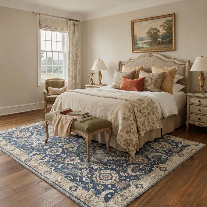 8X10 Living Room Area Rug, Boho Floral Washable Non Slip | Floral Vintage Rug for Bedroom Dining Room, Muted Navy Soft Low Pile Faux Wool, Stain Resistant Non-Shedding Pet-Friendly