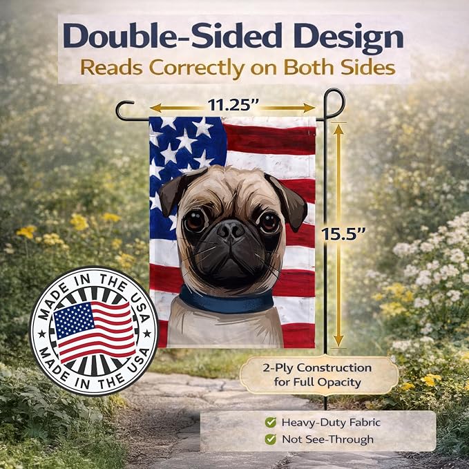 Caroline's Treasures CK6665GF Pug Dog American Flag Garden Flag Mailbox Flag Decorative Yard Flag Banner Outside Patio Artwork Yard Flower Beds, Garden Size, Multicolor