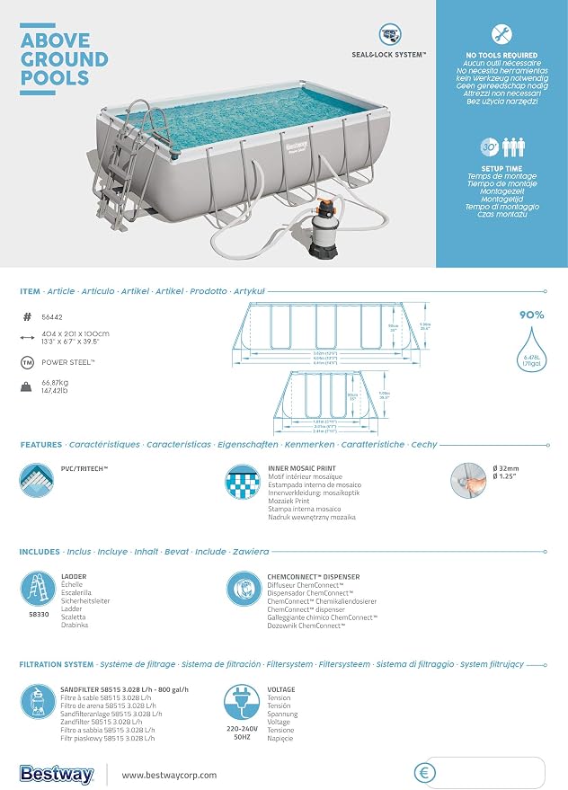 Bestway Power Steel Frame Pool-Set mit Sandfilteranlage 404 x 201 x 100 cm, lichtgrau, eckig