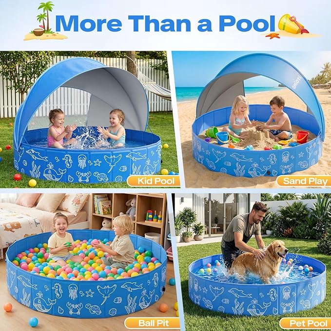 63in Kiddie Pool with Canopy, Foldable Kids Pool with Detachable UPF 50+ Sunshade, Portable Non-Slip Swimming Pool Dog Pool for Backyard, Beach, Outdoor Summer Water Play