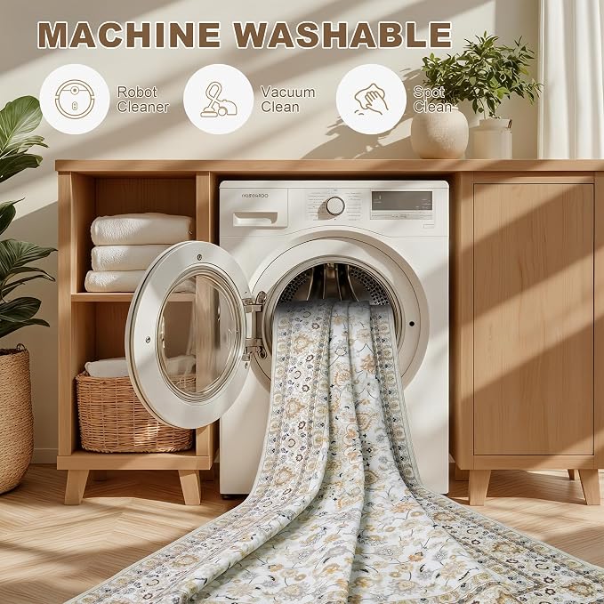 4x6 Area Rugs Living Room: Washable Vintage Rug for Bedroom Beige | Boho No Slip Stain Resistant Rug Soft Indoor Decor Floor Floral 4x6 Area Rugs for Dining Room, Nursery, Hallway, Home Office