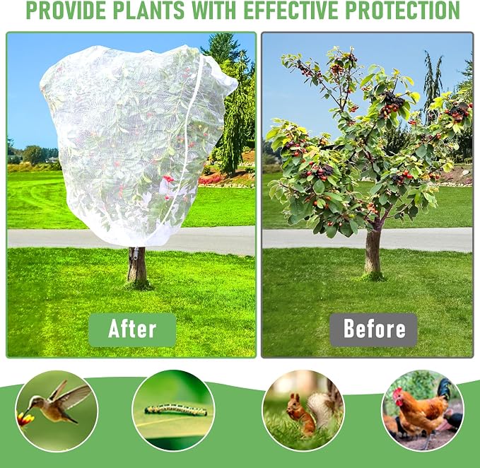 Fruit Tree Netting, Plant Mesh Netting for Garden Protection, Blueberry Bush Insect Netting Cover as Garden Pest Barrier from Cicadas, Bug, Bird (5.3x5.3 FT, 4Pcs, Zipper & Drawstring Design)