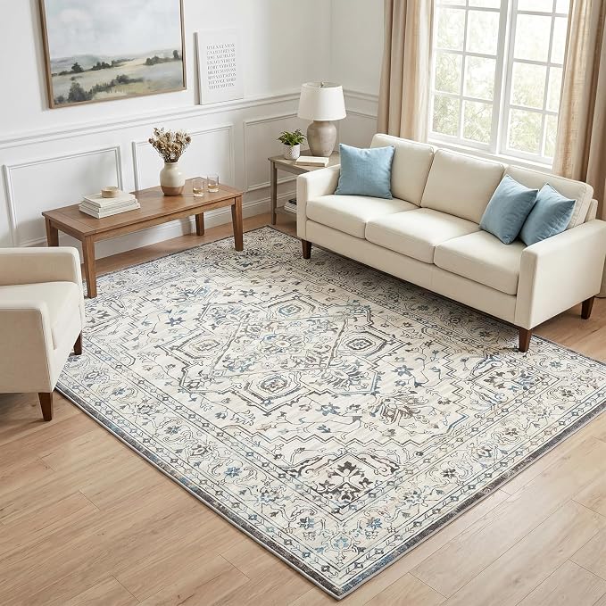 Vintage Washable Area Rug 6x9, Non-Slip Low-Pile Elegant Persian Carpet for Bedroom Living Room Dining Room, Stain Resistant Traditional Indoor Rug, Neutral Cream Blue