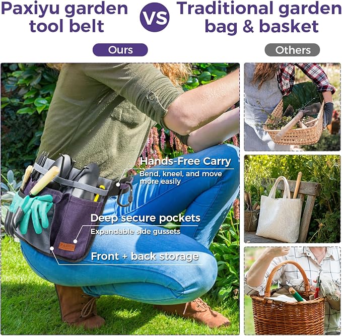 Garden Tool Belt for Women & Men, Wide Denim Garden Apron with 5 Pockets, Adjustable Utility Tool Pouch for Gardening, Florist, DIY & Craft, Purple