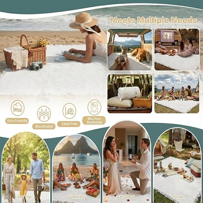 White Picnic Blanket, Extra Large Soft Cotton Gauze Picnic Rug 71"x71", Lightweight Breathable Blanket, Machine Washable for Beach, Camping, Park, Couples (Patterned Glow - No Straps)