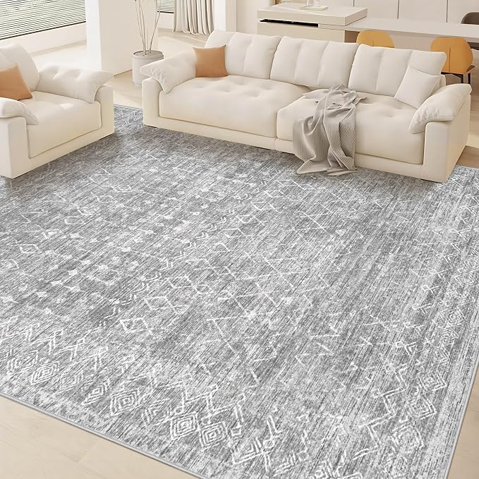 Area Rug for Living Room 6x9: Large Washable Boho Moroccan Rugs Geometric Neutral Rug, Non-Slip Foldable Morden Farmhouse Indoor Floor Carpet for Bedroom Dining Table Home (Moroccan Grey, 6'x9')