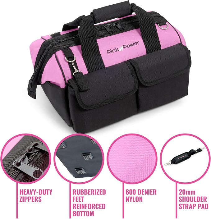 Pink Power Pink Tool Bag for Women -16" Tool Tote Bag w/ 22 Storage Pockets - Womens Small ToolBag Ladies ToolBox for Hand Tools, Power Kits & More - Womens Zipper Toolbag Caddy Organizer