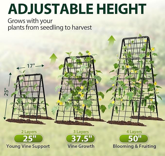 Heavy Duty 50"x17" Adjustable A-Frame Trellis for Climbing Plants Outdoor, Metal Rust-Proof Garden Trellis, Dense Grid Climbing Frame Trellis for Raised Beds, Cucumber, Tomatoes Outdoor (1 Pack)