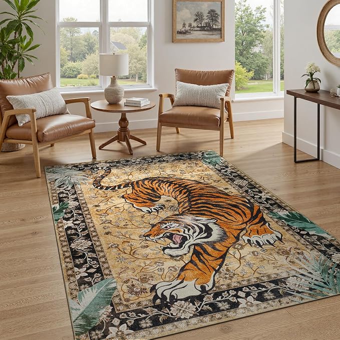 DCX Washable 5x7 Tiger Area Rug, Brown Vintage Animal Rug for Living Room, Soft Low Pile Carpet, Kid & Pet Friendly with Rubber Back Non Slip, Stain Resistant Rug for Bedroom Dining Room Office