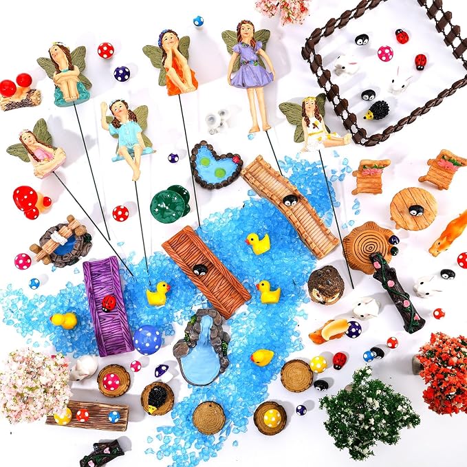 100 Pcs Fairy Garden Accessories Miniatures Figures Kit Micro Landscape Terrarium Ornaments Resin Mushroom Animal Fake Pond Lawn Bridge Garden Decoration