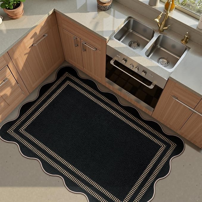 Scalloped Easy Jute Black Rug, 2.6x4 Front Door Washable Door Mat Non Slip Small Kitchen Area Rug, Farmhouse Low Pile Floor Rugs for Entryway Porch Doorway