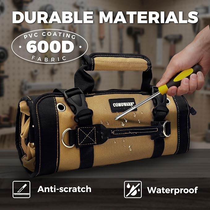 COMOWARE Roll Up Tool Bag, Gift for Dad, 600D Oxford PVC Coated Tool Organizer with 11 Pouches, 5 Exterior Wrench Pockets & Adjustable 51.2" Shoulder Strap for Mechanics, Plumbers, Camping, Motorcycle