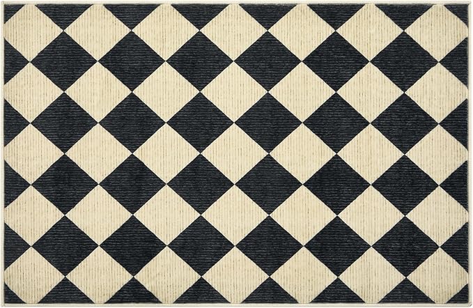 GarveeHome Checkered Entryway Rug 2x3 Black Diamond Washable Front Door | Rug Indoor Entrance Plaid Carpet Non-Slip Low Pile Throw Rugs for Kitchen Floor, Powder Room, Entry, Bathroom, Kids Room