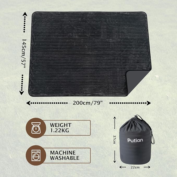 PuTian Waterproof Outdoor Blanket 79"X57" Packable, Stadium & Car Camping Blanket with Corduroy Fleece Lining, Windproof Throw for Picnic Hiking Road Trip, Machine Washable, Dark Grey 350GSM