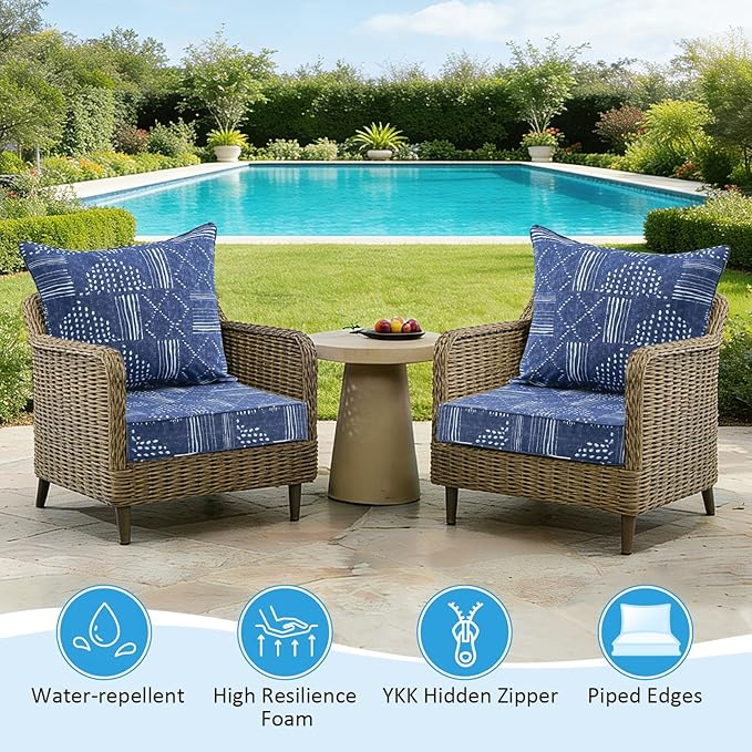 Outdoor Deep Seat & Back Cushion Set (2-Pack), 24 x 24 Inch Water Repellent and Fade Resistant Patio Furniture with Removable Cover for Outside Sofa Couch, Cobalt Grid