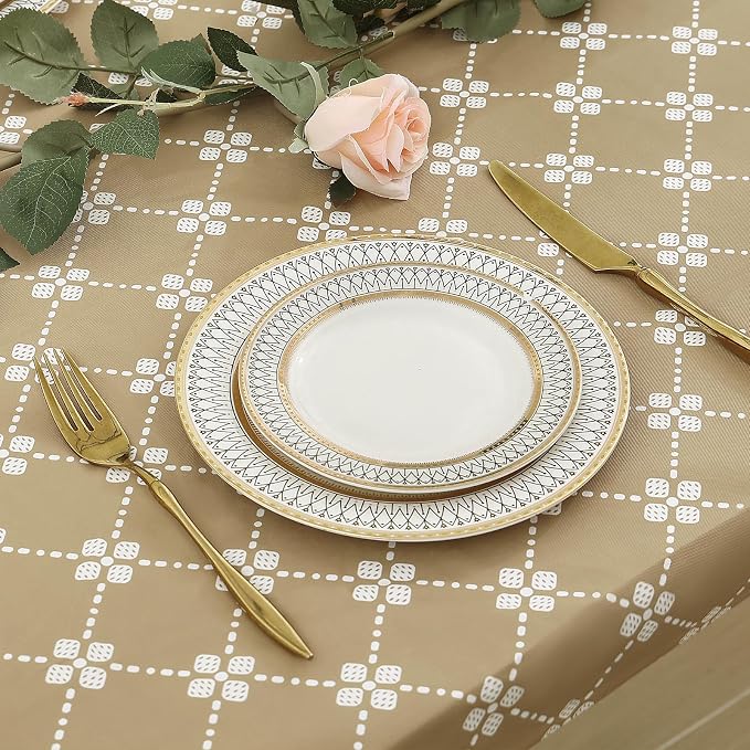 misaya Rectangle Vinyl Table Cloth, Elastic Fitted Tablecloth with Flannel Backing, Waterproof Plastic Table Cover Fits 4 Foot Folding Tables for Picnic, Camping, Indoor and Outdoor (Khaki, 24" x 48")