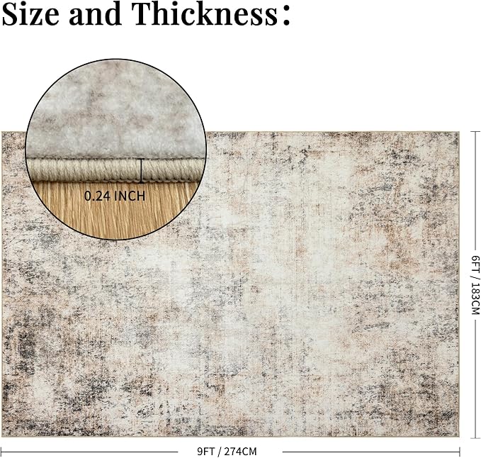 Washable 6x9 Area Rug: Neutral Rugs for Living Room Dining Room Bedroom Office Indoor - Non-Slip Modern Large Carpet Home Decor - 6x9 Sandstone Beige Gray