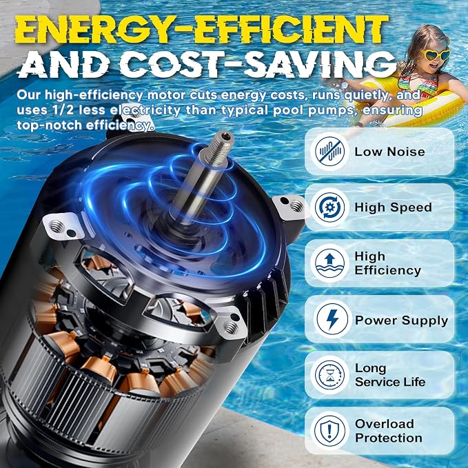 SP1610Z1MBK Pool Pump Motor 1HP 56J Frame Replacement for Hayward Pump | 115/230V Dual Voltage, 3450 RPM, 7.5/15A, 1045 Steel Threaded Shaft, Pool Motor