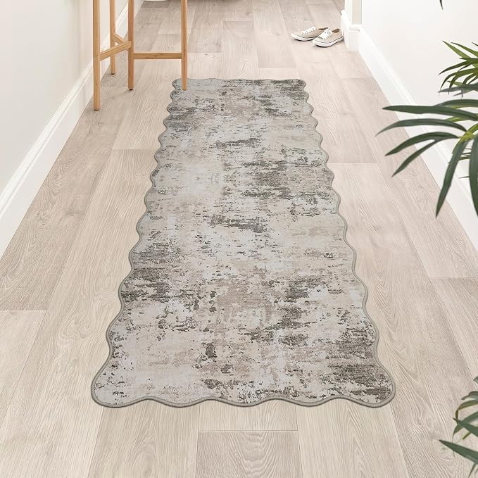 ROYHOME Modern Abstract 2x6 Scalloped Runner Rug Washable Rug, Brown Grey | Non Slip Stain Resistant Rug for Hallway Kitchen Bedroom Non Shedding Low Pile Indoor Floor Cover