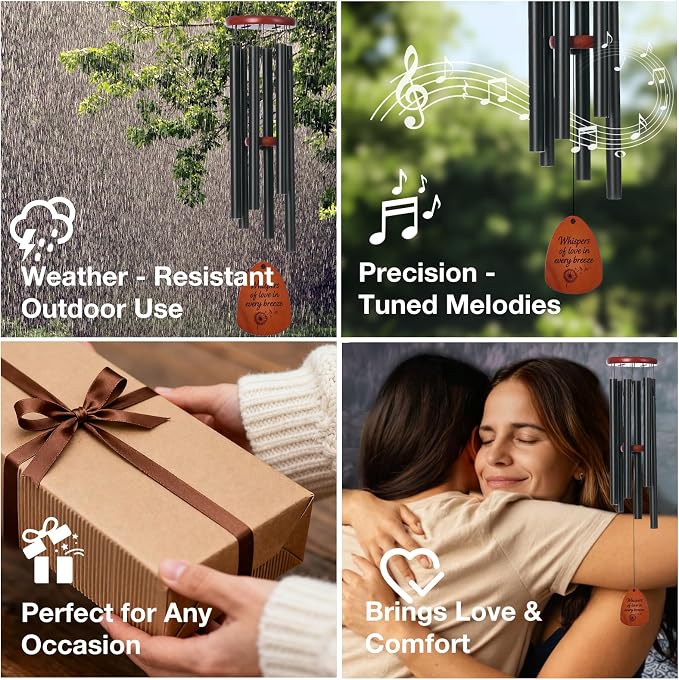 Sympathy & Memorial Wind Chimes for Outside – Deep Tone Aluminum Chimes with Mute Feature, Inspirational Quote, Feather & Dandelion Art Wooden Sail, Outdoor Garden Decor (Black, 37 Inch)