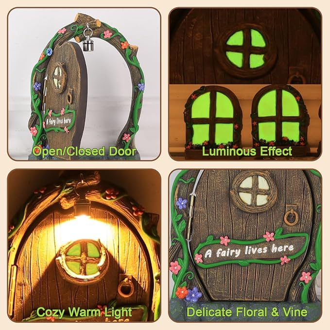 MEETYAMOR Miniature Fairy Garden Accessories, 4 PCS Glow-in-the-Dark Opening Fairy Door & Windows for Trees, Magical Yard Art Outdoor Statues, Fairy House Kit Garden Decor for Outside, Patio