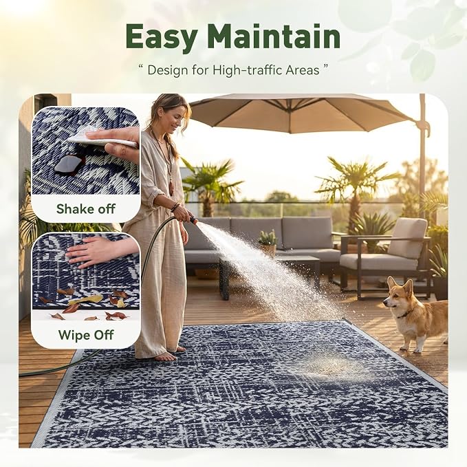 MontVoo Outdoor Rug Waterproof-Patio Rug Mat 5x8 Outdoor RV Camping Picnic Beach Mat Plastic Straw Rugs Outside Outdoor Area Rugs for Balcony Deck Backyard Navy Blue