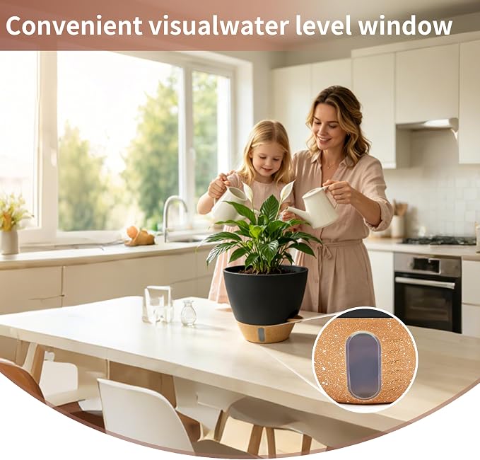 12"/10"/9"/8" Self Watering Pots with Visual Water Window,Extra Large Self Watering Plant Pots with Drainage Holes & Saucers,Black Planters for Indoor Plants,4-Pack