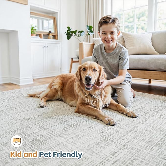 8x10 Washable Area Rug for Living Room Bedroom: Non-Slip Modern White Gray | Machine Washable TPR Backing, Stain-Resistant Low Pile, Pet & Kid Friendly, Abstract Decor for Dining Room, Dorm, Home Office