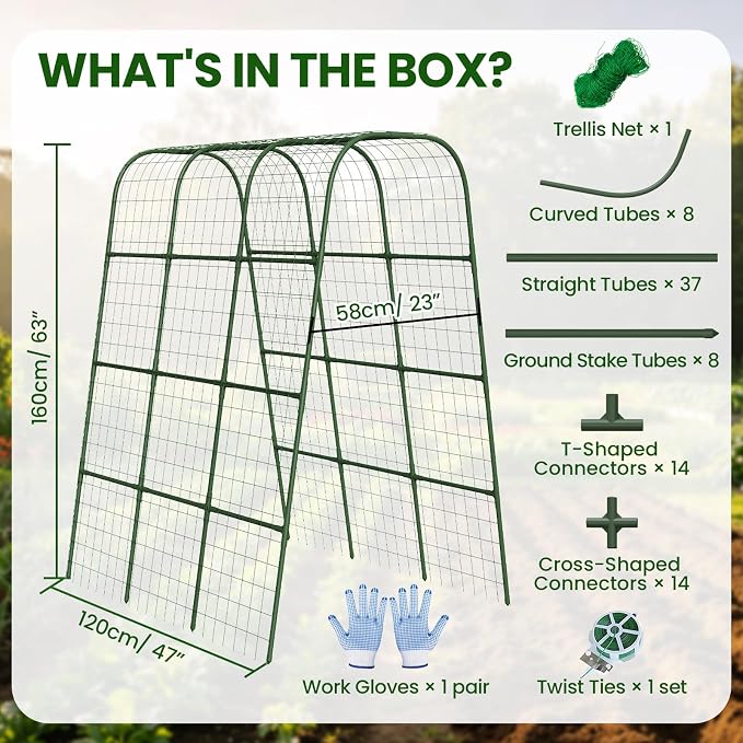 63" H x 47" L x 23" Cucumber Trellis for Raised Beds, Heavy Duty Metal Garden Arch Trellis with Nylon Net & Plant Ties, Vertical Trellis for Climbing Plants, Cucumbers, Tomatoes, Peas & Vines