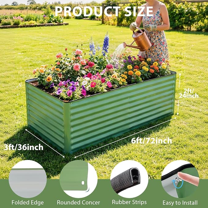 6x3x2 Ft Galvanized Steel Raised Garden Bed, Green, 1 Pack | Patented Leak-Proof, Planter Box, Metal Construction, For Veggies, Herbs & Flowers