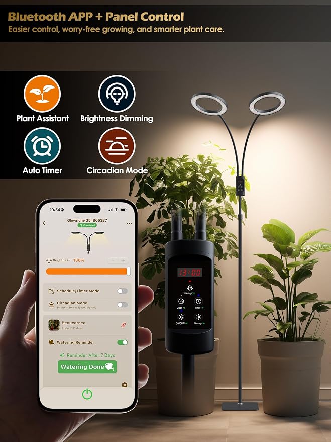 Smart Grow Lights for Indoor Plants, Plant Light with Auto-Timer, Full Spectrum LED Grow Light, Adjustable Height & Stepless Dimming,Plant Assistant Suitable for Most Plants (Black, Dual Heads)