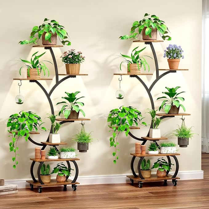Plant Stand Indoor 2-Pack, 48" Small Space Indoor Plant Shelf with Full Spectrum Grow Lights, Mobile 8-Tier Tree-Shaped Display Rack Set of 2, for Living Room, Balcony & Office, Black and Brown