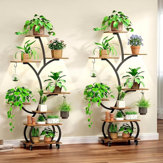 Plant Stand Indoor 2-Pack, 48" Small Space Indoor Plant Shelf with Full Spectrum Grow Lights, Mobile 8-Tier Tree-Shaped Display Rack Set of 2, for Living Room, Balcony & Office, Black and Brown