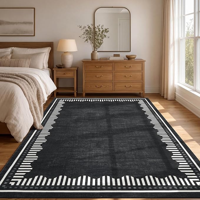 Garvee Large Bedroom 5x7 Washable Area Rugs Non Slip Black Scalloped Rugs | Neutral Solid Color Low Pile Stain Resistant Living Room Dining Room Throw Carpet Modern Geometric Nursery Office Carpet