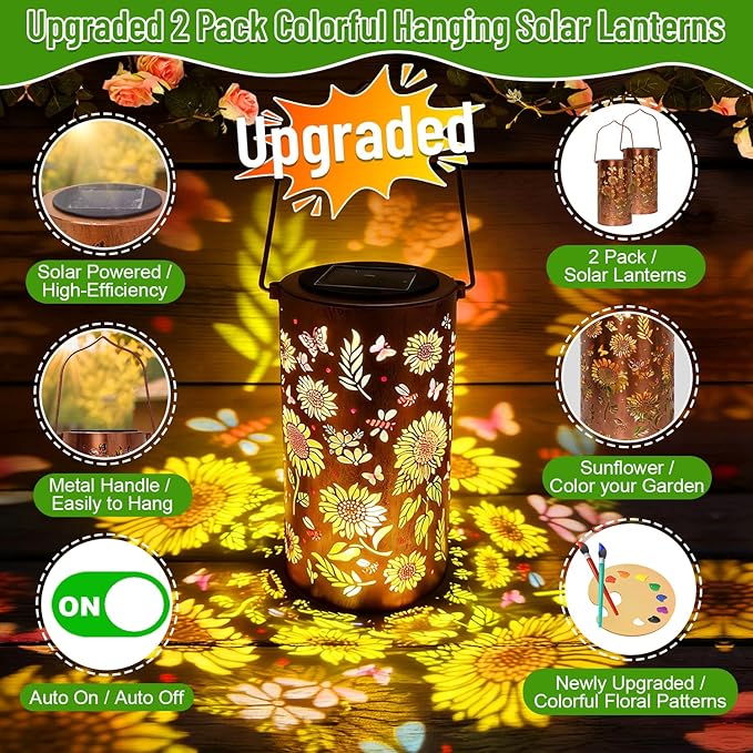 2 Pack Colorful Solar Lanterns Outdoor Waterproof, Garden Decor Gifts for Women Mom Grandma - LED Sunflower and Hummingbird Solar Powered Lights Metal Hanging Lantern for Outside Garden Patio Yard